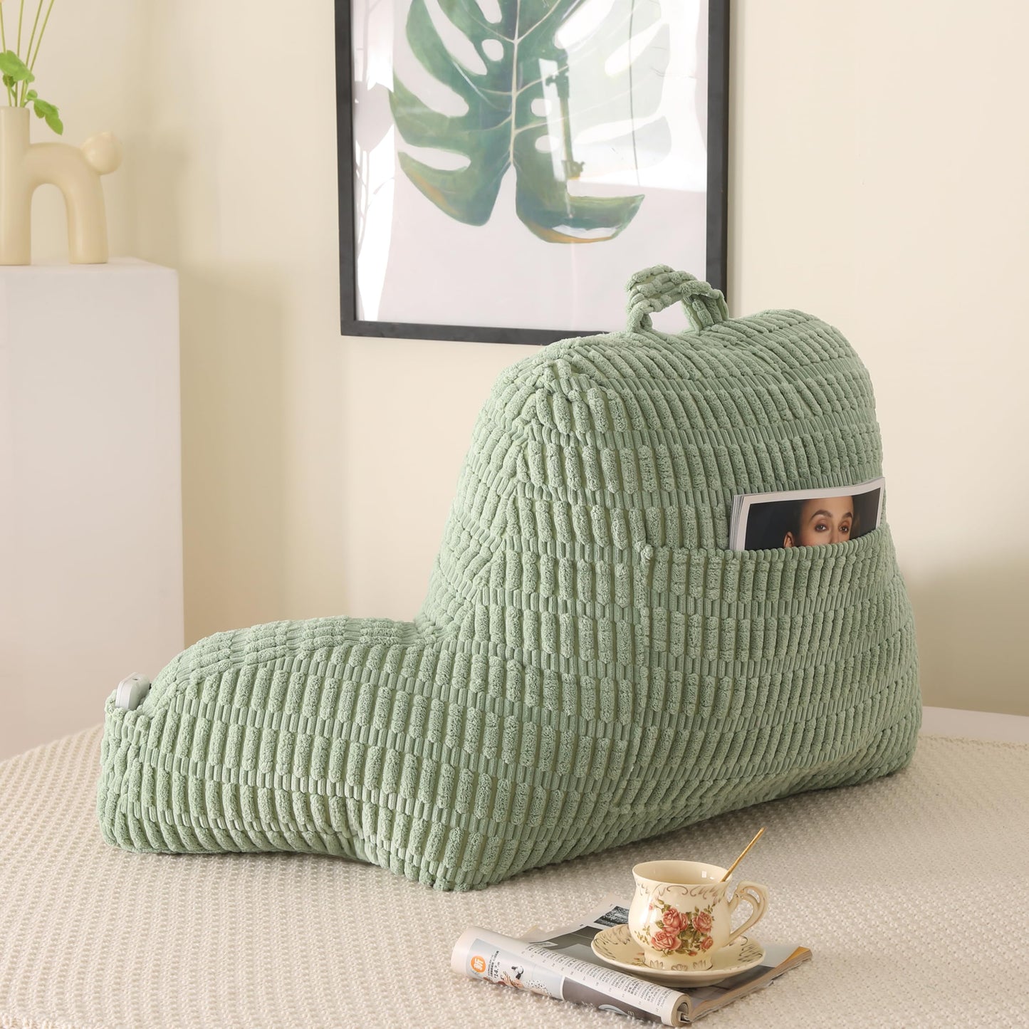 PAJEO Reading Pillow for Sitting in Bed with Arm Rests,100% 7D Fiber Filling Sitting Pillow for Back Support,Oeko-TEX Certified Backrest Pillow for Couch & Floor(17",Green Corduroy)
