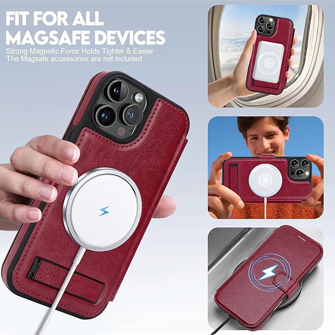 CIVICASE for iPhone 13 Pro Wallet Case with Stand,PU Leather Flip Credit Card Holder Slots (RFID Blocking),Compatible with Magsafe Magnetic Holder Phone Cover Women Men,Wine Red