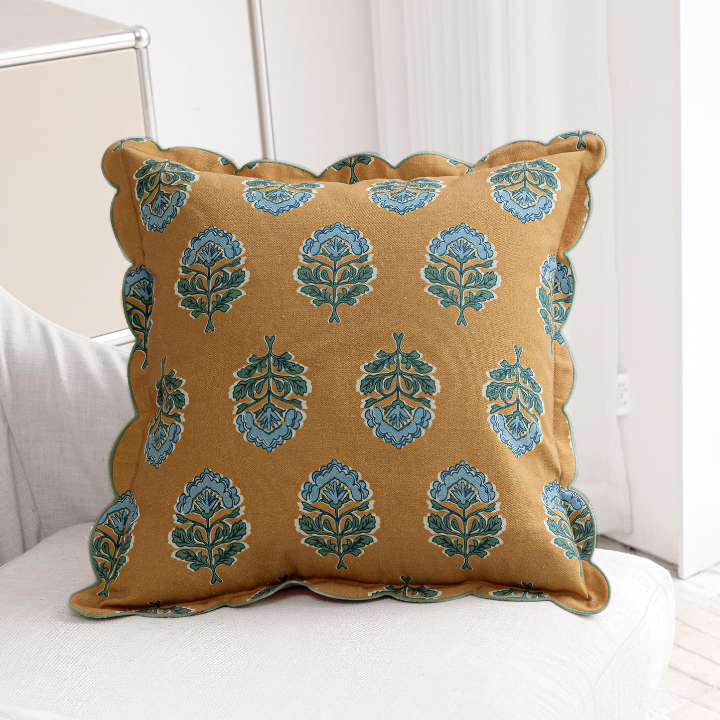 DrapePalette - Scalloped Throw Pillow Covers with Block Print Floral Patterns and Hidden Zipper - Gold Bloom, 20 x 20 Inches Pack of 1 - Soft Indoor Pillow Case for Livingroom, Bedroom, or Lounge