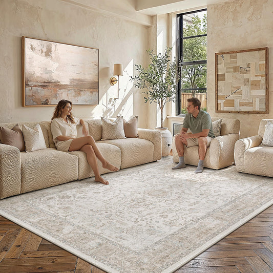 PureCozy 8x10 Washable Neutral Area Rug Beige Vintage Large Carpet for Living Room Non-Slip Low Pile Retro Floral Farmhouse Accent Throw Rugs for Bedroom Office Nursery Dorm Dining Room