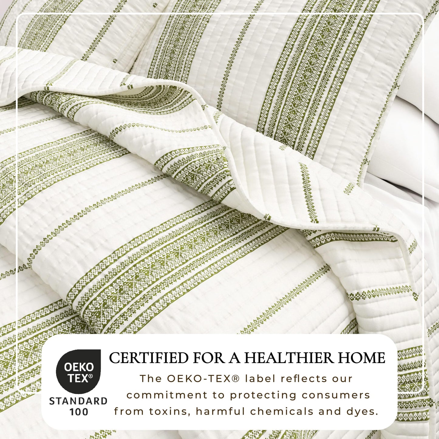 Great Bay Home Striped Quilt Set - 3-Piece Full/Queen Size Farmhouse Bedding Set - Lightweight, All-Season, Reversible Bedspread (Cream/Green)