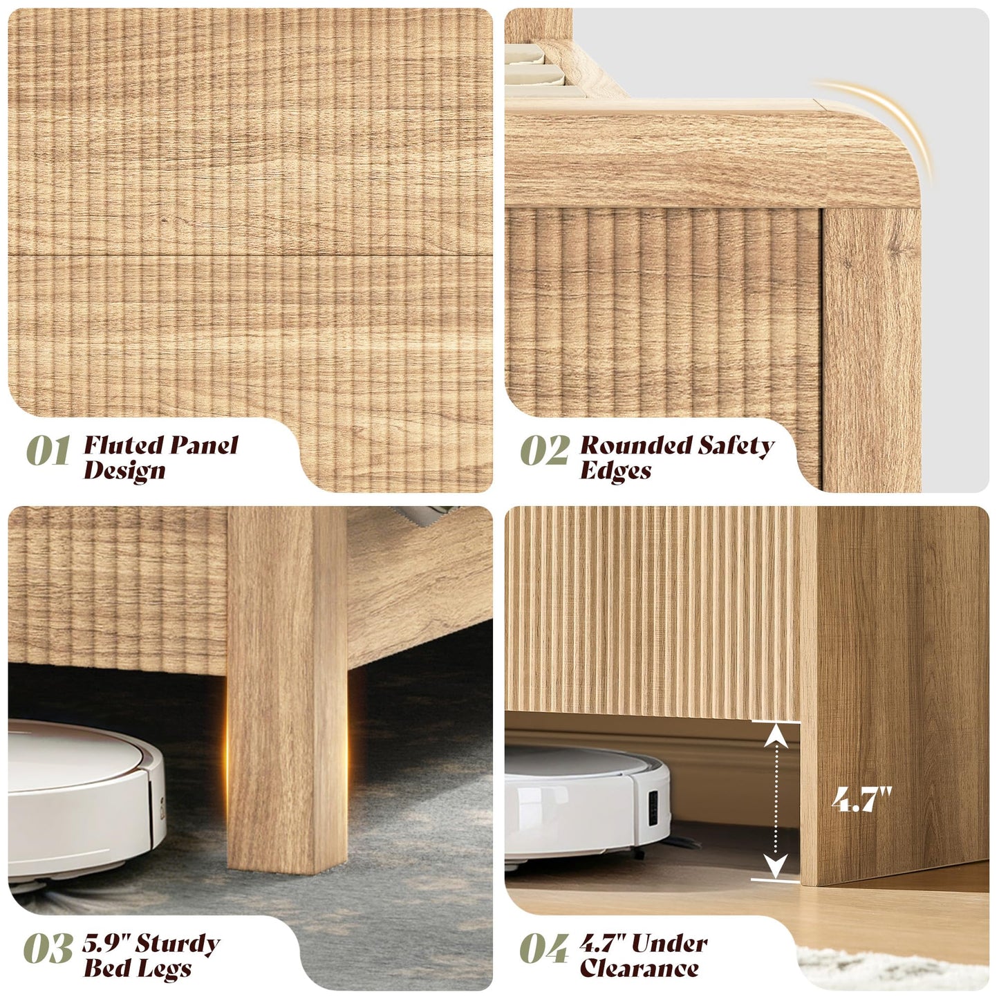 AMERLIFE 3-Piece Modern Fluted Bedroom Furniture Set, Including Wood Queen Size Bed Frame with Headboard & Footboard and Storage Night Stand Set of 2, Wooden Bedframe and Nightstand Sets, Natural Oak