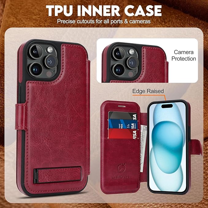 CIVICASE for iPhone 13 Pro Wallet Case with Stand,PU Leather Flip Credit Card Holder Slots (RFID Blocking),Compatible with Magsafe Magnetic Holder Phone Cover Women Men,Wine Red