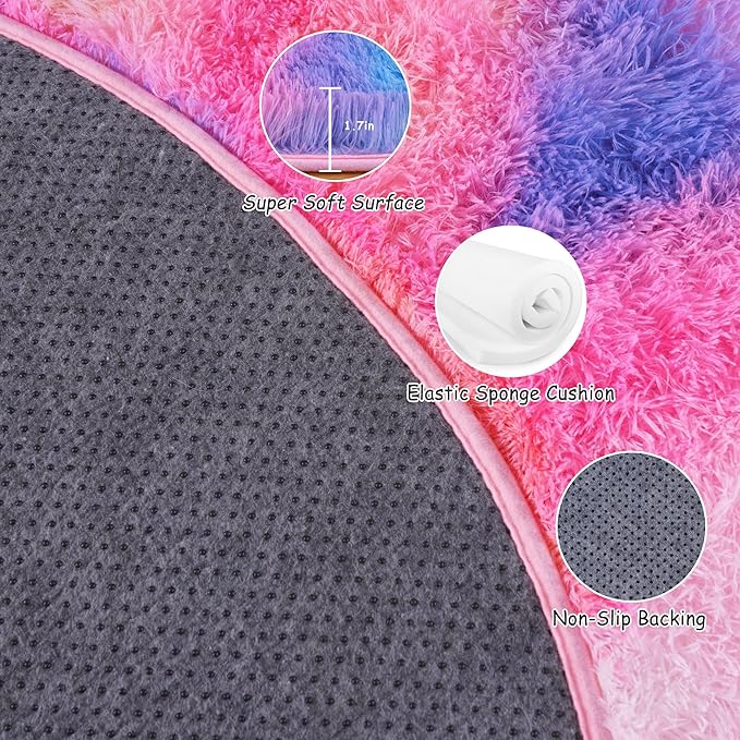 Round Fluffy Rugs 6Ft for Girls Bedroom, Dark Rainbow Shag Circle Kids Rug Non-Slip for Bedside Dorm Nursery Playroom, Soft Cute Area Rugs for Living Room Decor