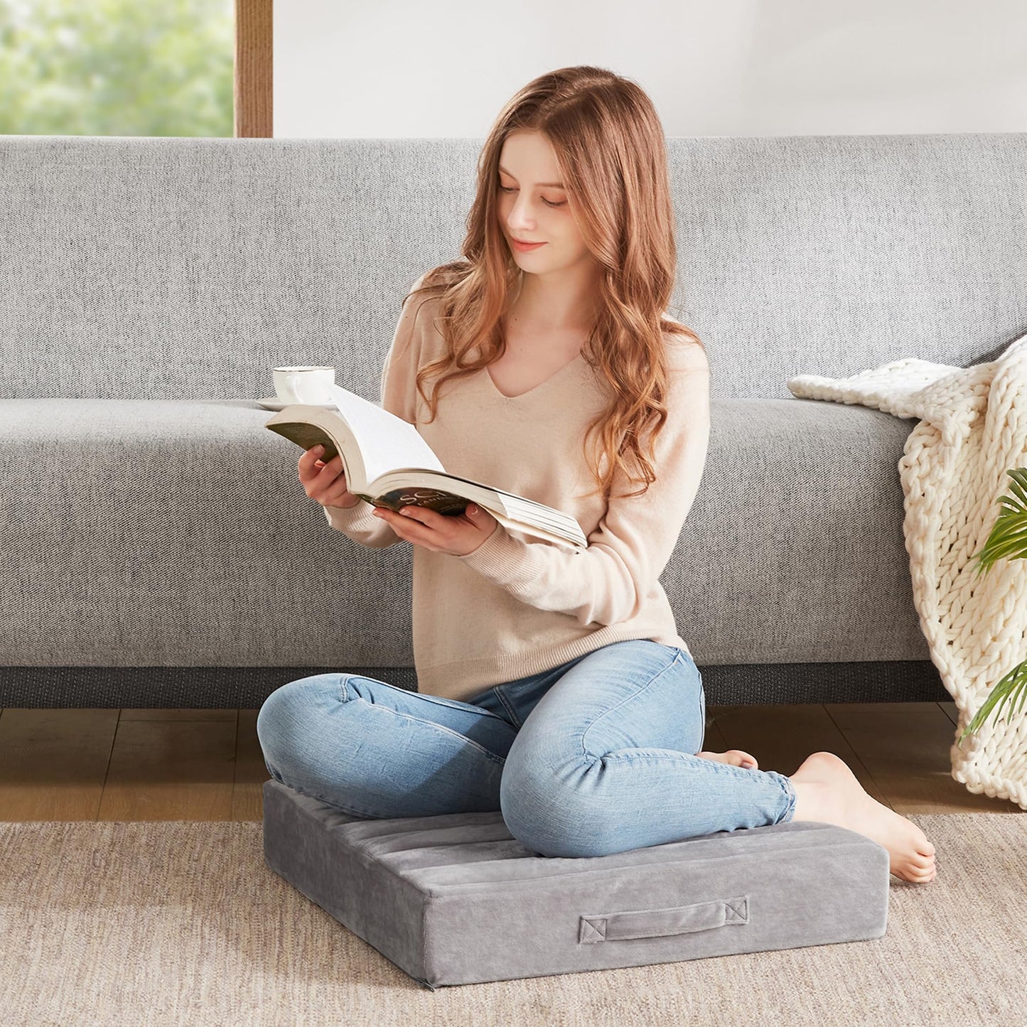 Codi Floor Cushions for Adults, Large Meditation Pillows with Thick Foam and Soft Tufted Covers, Washable Square Seating for Couch and Yoga Sitting, 22×22×5 inch Grey