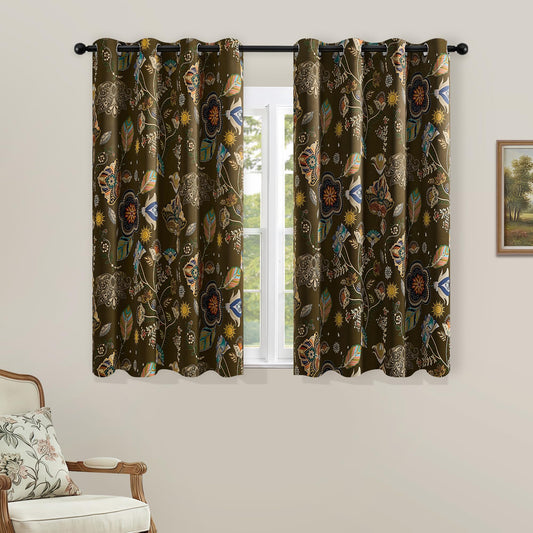 XiDi Floral Curtains 100% Blackout Vintage Patterned Black Out Curtain 63 Inches Long Thermal Insulated Window Drapes 2 Panels Grommet Room Darkening Curtain for Living Room Bedroom Olive Green 52x63