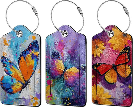 Butterfly 3 Pack Luggage Tags for Suitcases, PU Leather Baggage Suitcases Tag Name ID Label Privacy Cover Travel Bag Tags for Women Men Boys Girls