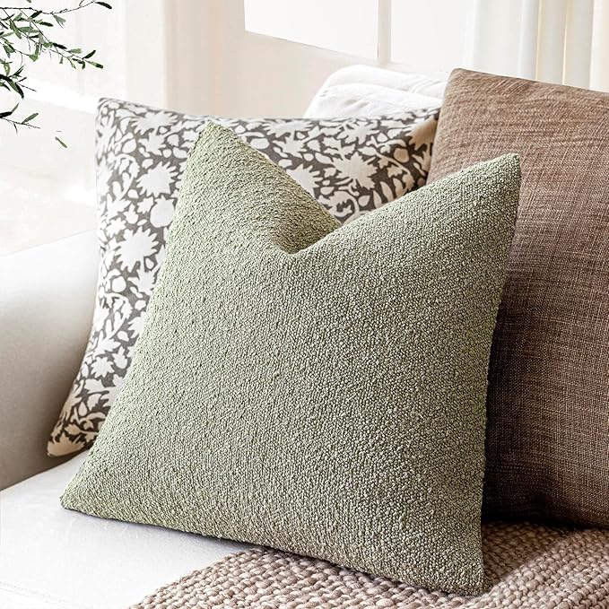 Foindtower Decorative Textured Boucle Throw Pillow Covers Accent Solid Pillow Cases Neutral Soft Cozy Couch Cushion Case for Chair Sofa Bedroom Living Room Home Decor 22x22 Inch,1PC,Dirty Sage Green