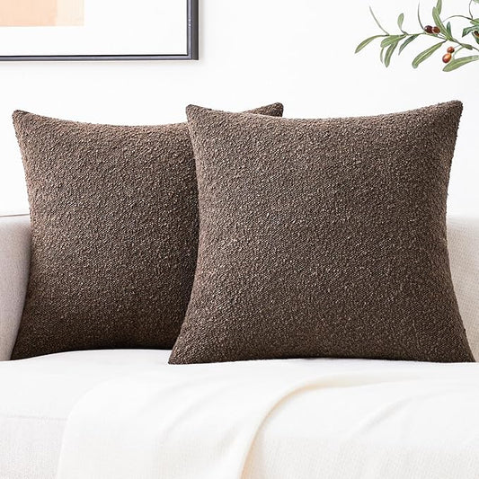 Mixhug Decorative Boucle Throw Pillow Covers, Chocolate Brown, 18 x 18 Inches, Pack of 2 - Textured Boho Pillow Covers for Couch and Bed