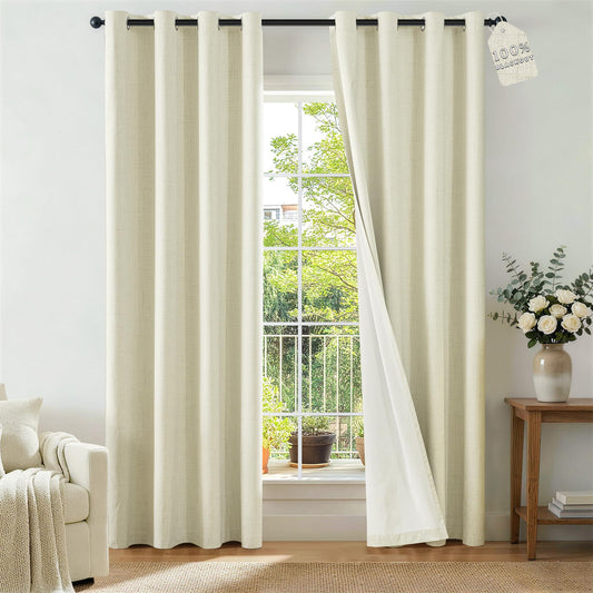 ChrisDowa 100% Blackout Curtains for Living Room - Linen Curtains 90 Inch Curtains Grommet Top Thermal Curtain Total Blackout Drapes Privacy Protection for Bedroom 2 Panels, Cream 52" W x 90" L