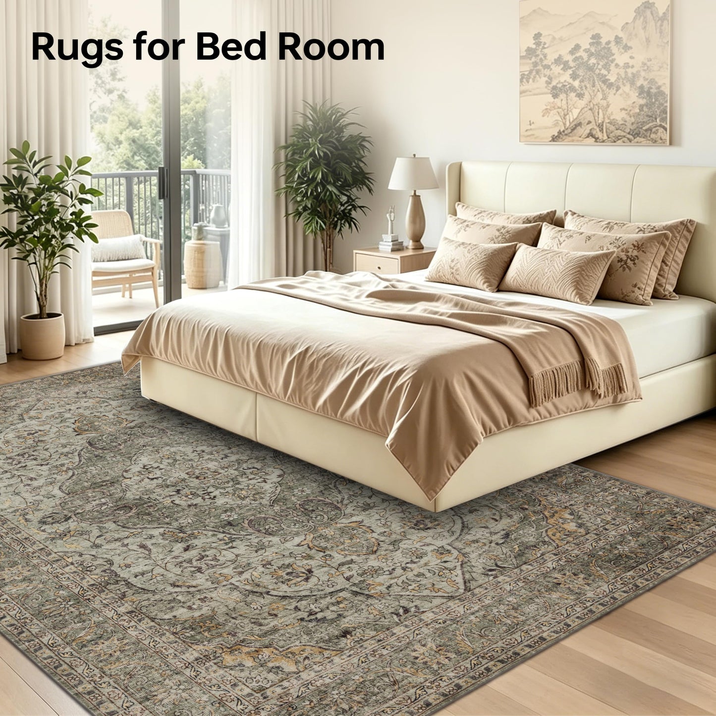 RCTJHOME 5x7 Washable Vintage Area Rugs, Double Non-Slip Low Pile Rug Taupe