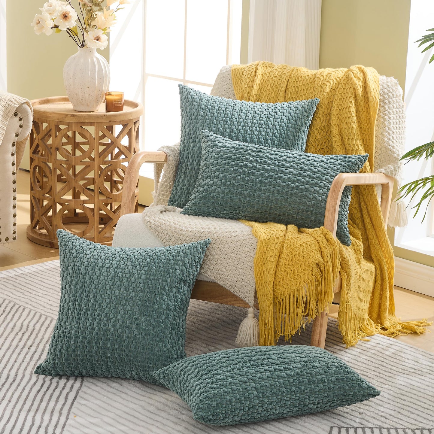 GAWAMAY Decorative Throw Pillow Covers 18x18 Inch Set of 2 for Living Room Couch Bed Sofa, Farmhouse Square Cushion Cover Soft Striped Corduroy Pillow Cases Boho Accent Home Decor (45x45cm) Blue Green