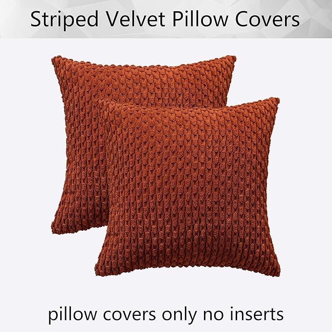 Kevin Textile Fall Pack of 2 Corduroy Decorative Throw Pillow Covers 20x20 Inch Soft Boho Striped Pillow Covers Modern Farmhouse Home Decor for Sofa Living Room Couch Bed Burnt Brick