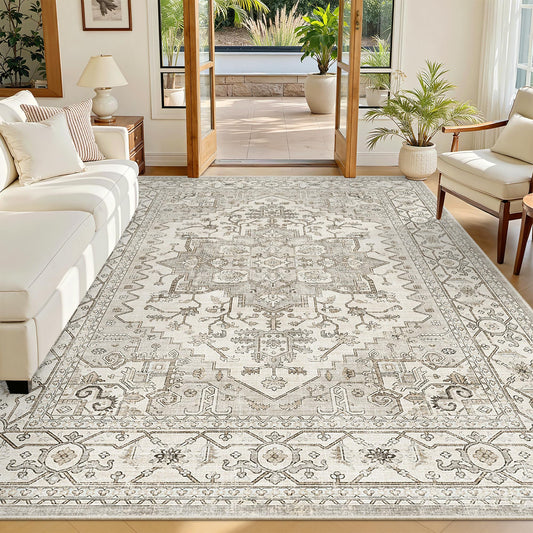 Madane 5x7 Area Rugs for Living Room, Stain Resistant Washable Rug, Non-Slip Backing Area Rug, Vintage Home Decor Rug for Bedroom (Beige/Brown, 5'x7')