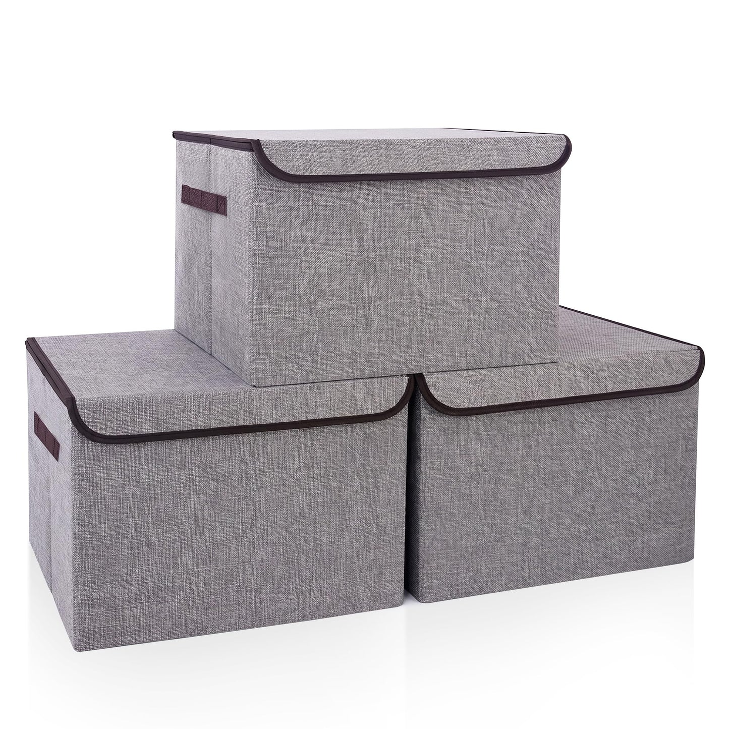 Bagnizer Large 17" 42 Quarts Collapsible Stackable Storage Bins with Lids [3-Pack] Foldable Fabric Linen Storage Boxes Cube, Closet Organizer Baskets with Label for Home (16.7 x 12 x 12, Gray)