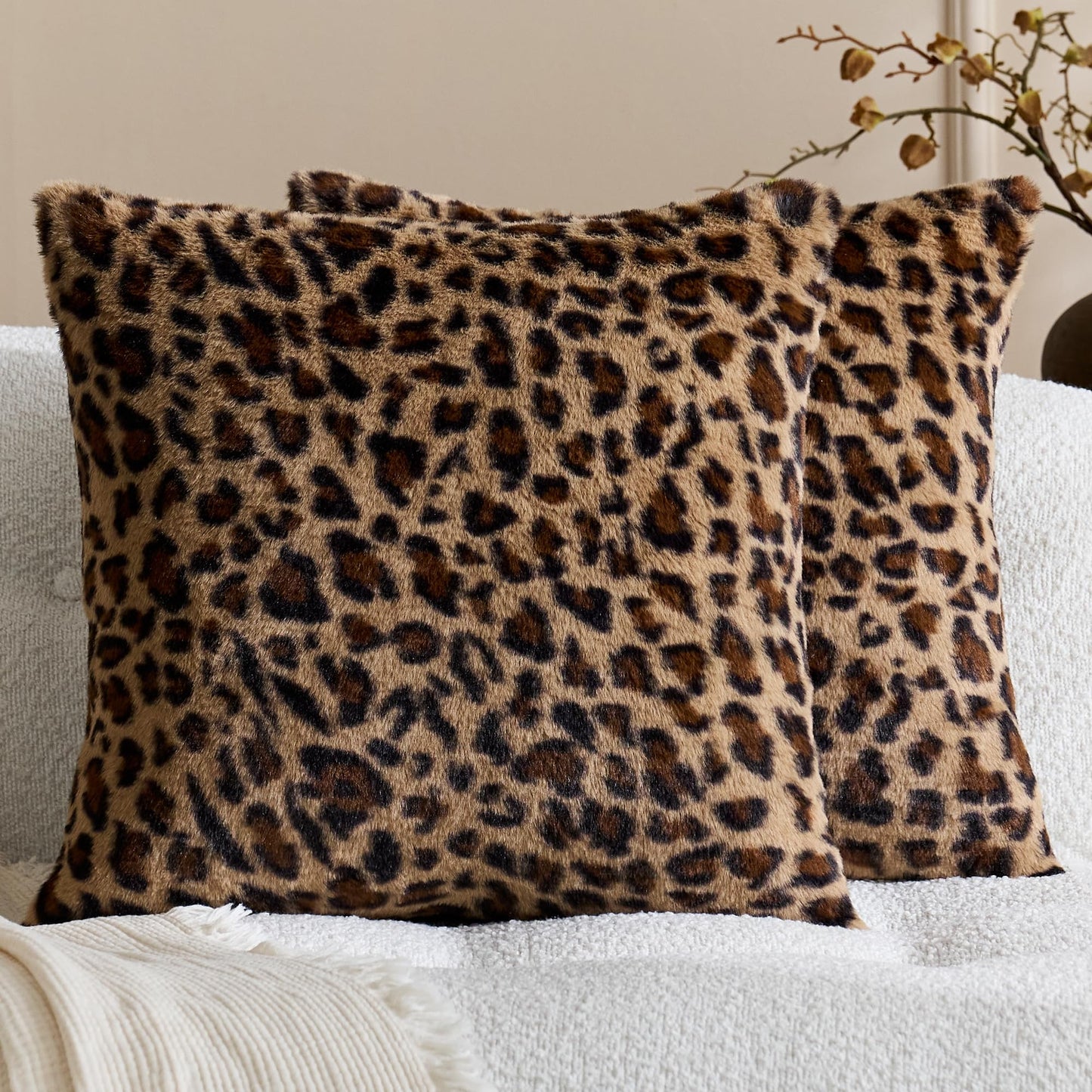 KINDREX Leopard Print Faux Fur Pillow Covers 18x18 Set of 2, Cloud-Like Soft & Fluffy Cheetah Cushion Cases, Eye-Catching Decor for Living Room Sofa Bedroom Decor