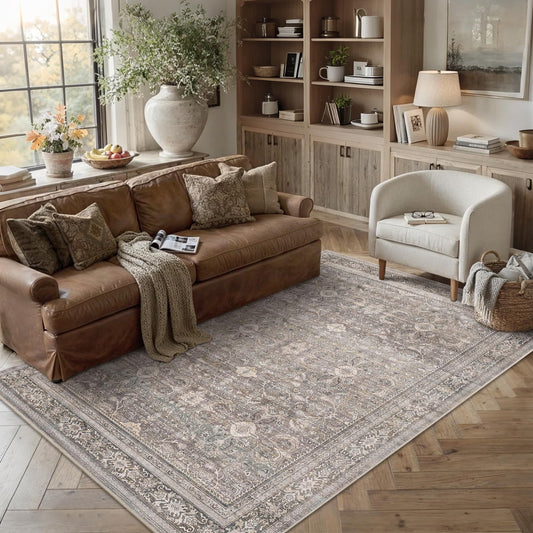 Schweek 5x7 Area Rugs for Living Room Taupe Washable Vintage Rugs Neutral Distressed Area Rug Non Slip Low Pile Indoor Carpet Floral Throw Rug Soft for Bedroom Dining Room Kitchen Office