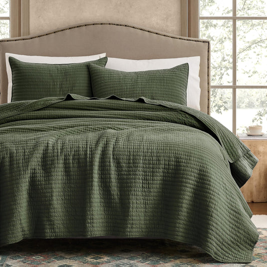 WDCOZY 100% Cotton King Size Quilt Set - Olive Green Striped Pick Stitch Soft Lightweight Bedspread, Textured Like Linen, Farmhouse Country Rustic Coverlet, Shabby Chic Gauze Bedding, 3 Pieces