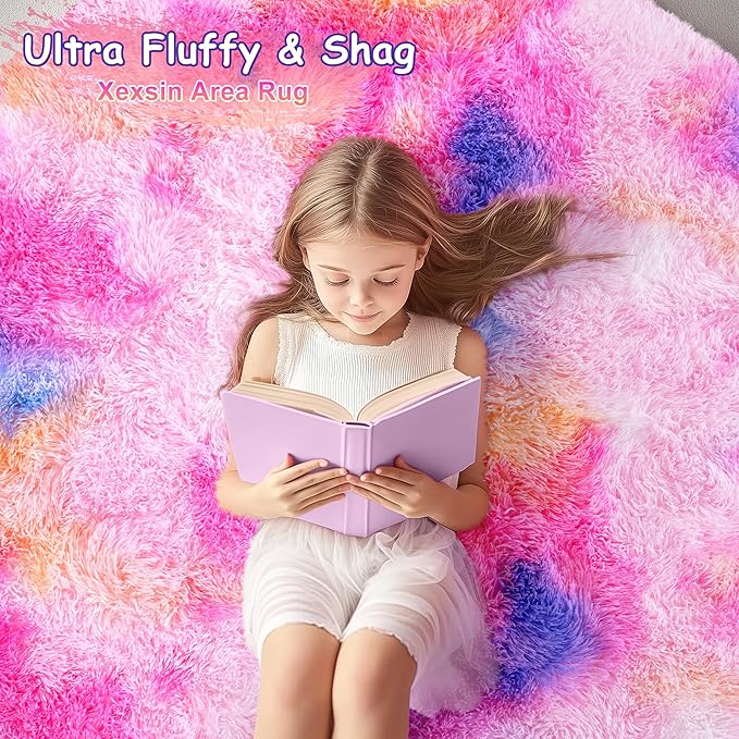 Round Fluffy Rugs 4Ft for Girls Bedroom, Dark Rainbow Shag Circle Kids Rug Non-Slip for Bedside Dorm Nursery Playroom, Soft Cute Area Rugs for Living Room Decor