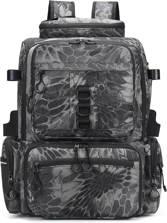 Rabjen Fishing Tackle Backpack, 45L Storage Waterproof Travel Bag Store Fishing Gear with Insulated Top Pocket