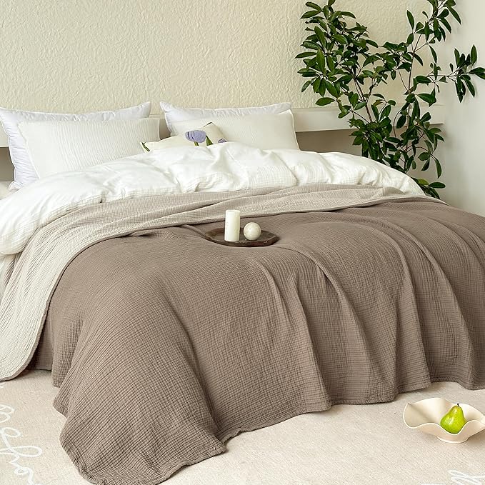 FALUCA Cotton Muslin Reversible Blanket King Size for Bed, Couch, Four Layers Blanket, Soft Lightweight Cozy Breathable Farmhouse Decoration for All-Season, Brown