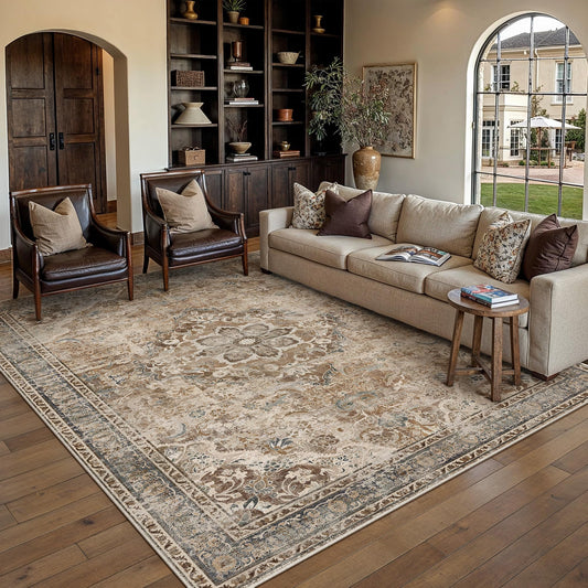 PureCozy Brown Vintage 5x7 Area Rug for Living Room Machine Washable Large Rug Non-Slip Soft Low Pile Carpet Floral Stain Resistant Indoor Office Throw Rug for Bedroom Dining Room Nursery