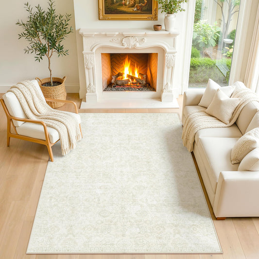 LIVELYGLOW 5x7 Washable Area Rug for Living Room Bedroom, Retro Printed Traditional Vintage Rug, Non-Slip Foldable Large Carpet for Dining Room Home Decor, Beige