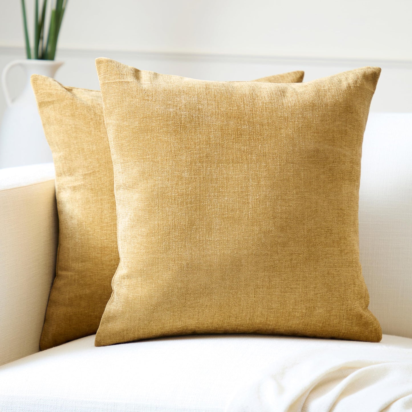 Encasa XO Thick Chenille Throw Pillow Covers Set of 2 | Mustard - (24"x24") (60x60 cm) | Decorative Accent Square Throw Pillow Cases for Couch, Home Decor, Sofa