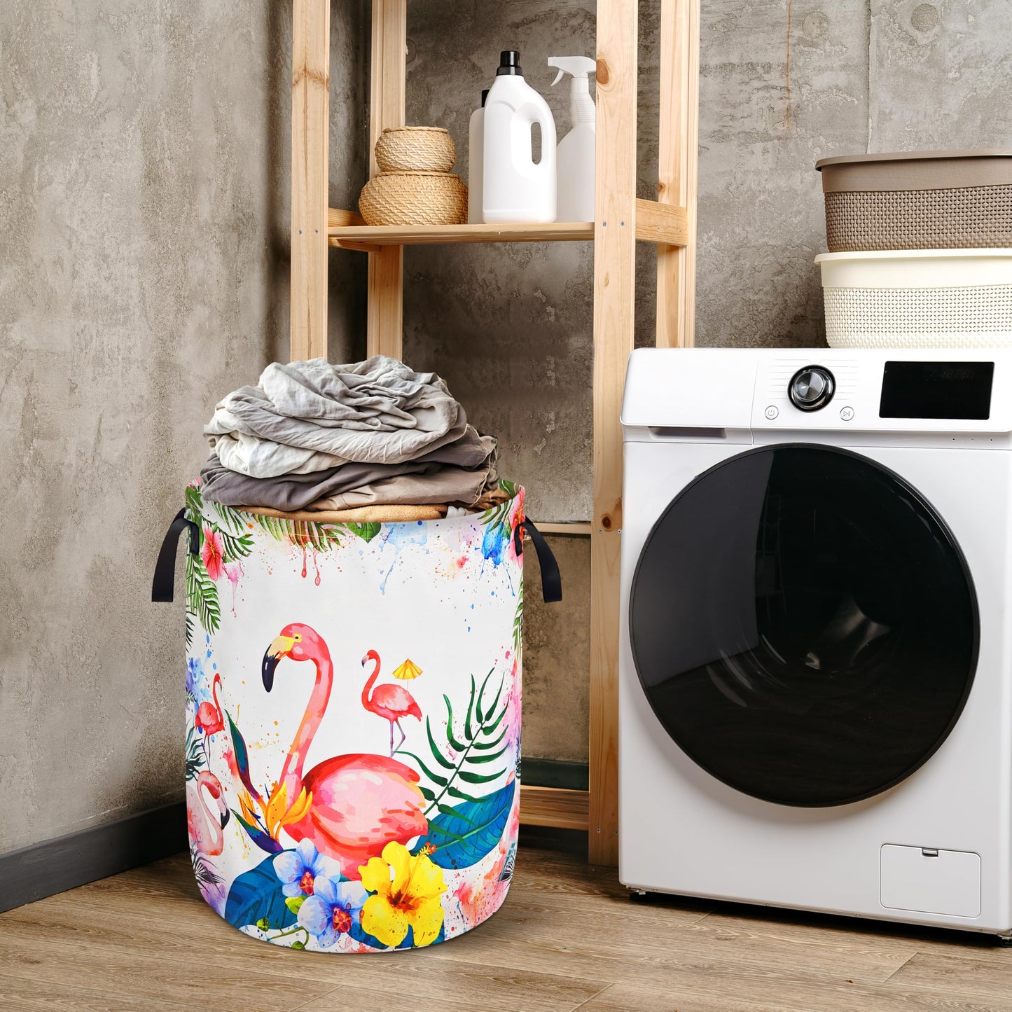 Pink Flamingo Laundry Basket Tropical Leaves Flower Oxford Cloth With Handles Foldable And Portable Colorful Laundry Hamper For Laundry Room/Bedroom/Living Room/Children'S Room (18.9 X 16.5 In)