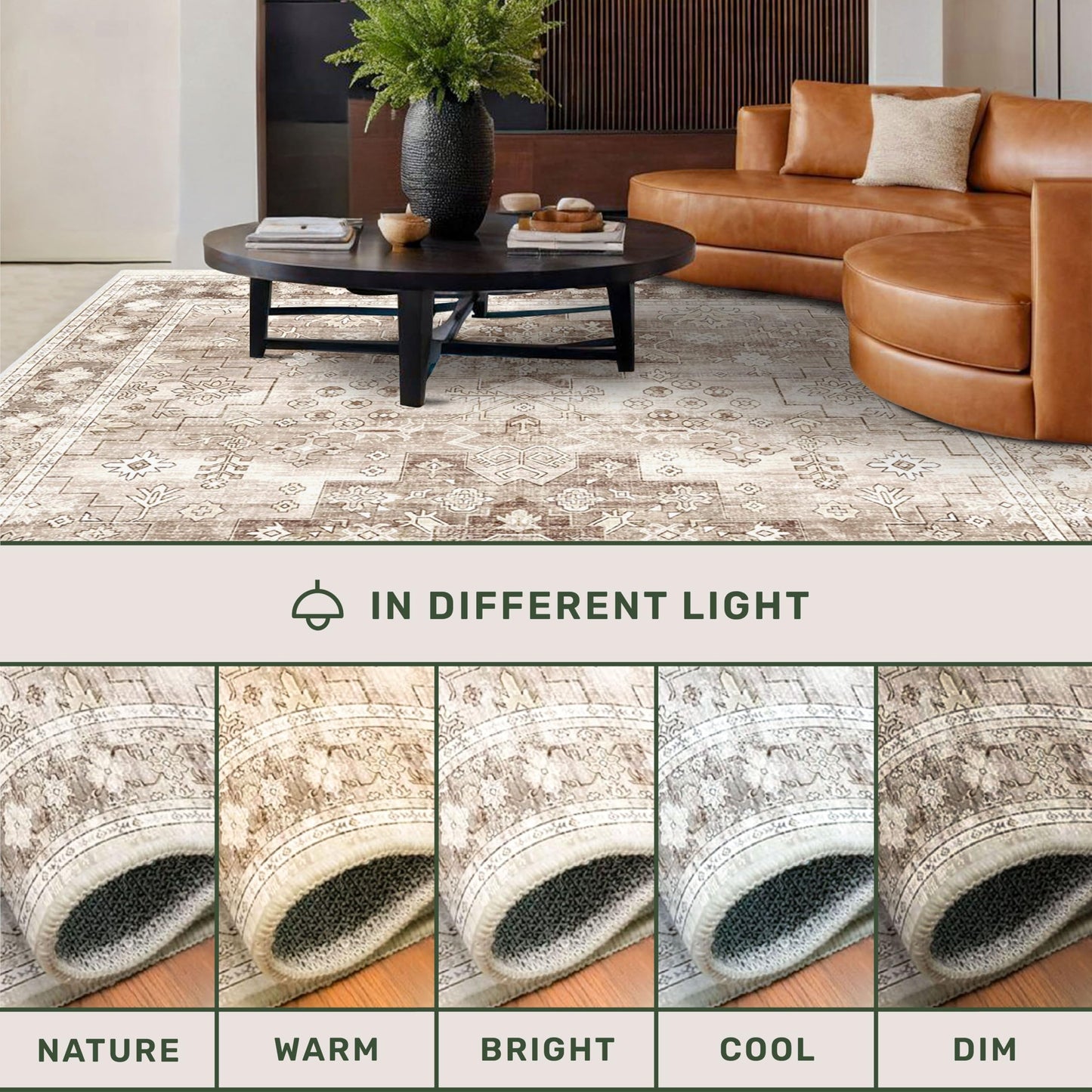 Hazo Haus Washable Neutral Farmhouse Living Room Rug, 5x7 Area Rugs for Bedroom, Nursery Room, Boho Vintage Floral Non-Slip Rug Low Pile Stain Resistant (5x7 Beige/Latte)