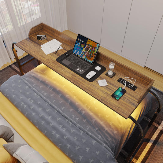 HWB Overbed Desk with Charging Station-Over Bed Table-Adjustable Length/Height with Wheels - Human Sensor LED Light Mobile Queen Size Bed Table Rolling Tray Table for Eating & Laptops, Brown