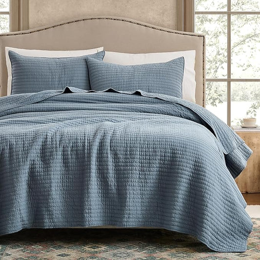 WDCOZY 100% Cotton King Size Quilt Set - Blue Striped Pick Stitch Soft Lightweight Bedspread, Textured Like Linen, Farmhouse Country Rustic Coverlet, Shabby Chic Gauze Bedding, 3 Pieces