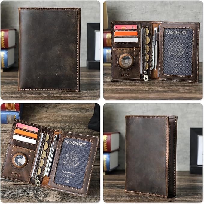Top Grain Leather Single Travel Passport Wallet Embossing Badge for Unisex, Folio Design for Passport & Multi Cards, RFID Blocking for Passport/Cards/Checks/Bills/AirTag, Coffee Default, DE