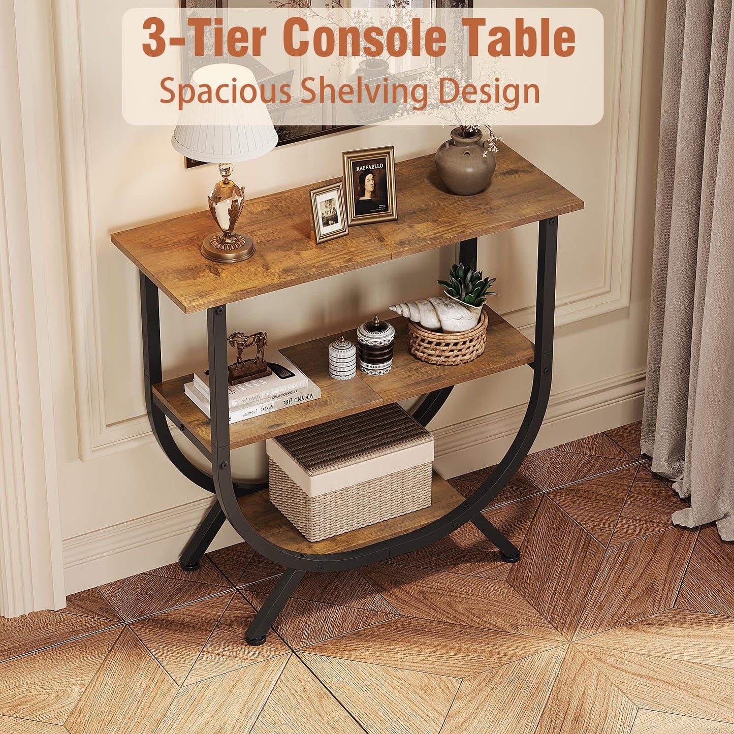 Trironsun 3 Tier Console Table with Storage 30" Height Entryway Table with Open Shelves Industrial Sofa Table Behind Couch for Living Room Hallway Entrance (Rustic Brown)
