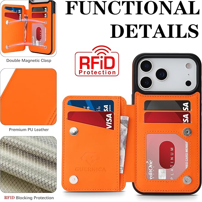 GUERNICA for iPhone 17 Pro (6.3") Case Wallet with Card Holder, RFID Blocking Leather Protection, Shockproof Women Men Phone Case for Apple 17 Pro, Orange