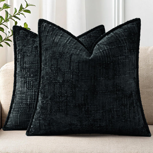 decorUhome Chenille Throw Pillow Covers 26x26 Set of 2, Soft Textured Slubby Modern Decorative Pillow Covers with Elegant Design for Couch, Sofa, Living Room, Black