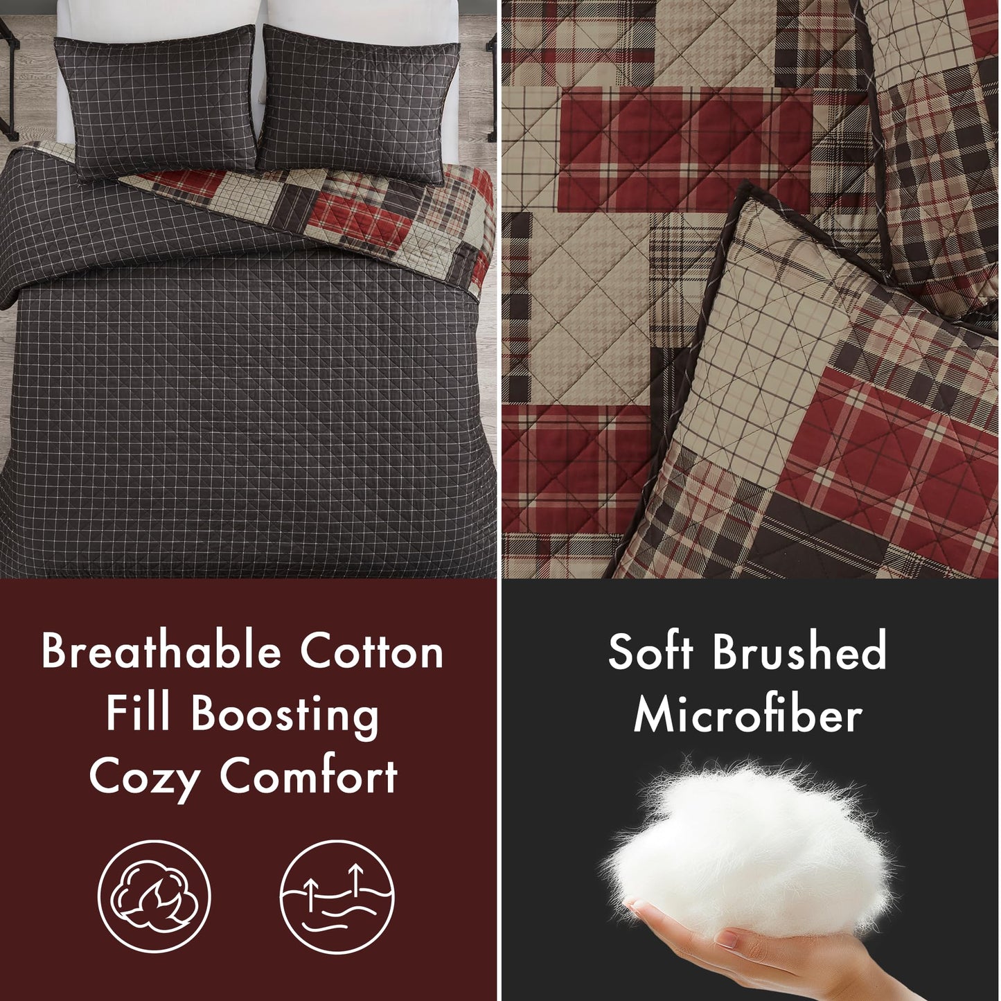 Madison Park Queen Quilt Set Patchwork Farmhouse, Diamond Quilting Reversible Coverlet Set for Queen Size Bed, Plush Cotton Filled Quilt Set Queen Size, Shams Full/Queen Red/Black 3 Piece