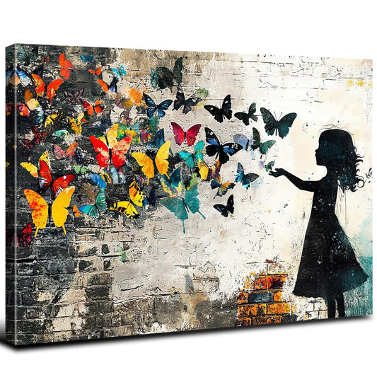 Banksy Style Butterfly Canvas Wall Art Colorful Graffiti Butterflies Picture Wall Decor for Living Room Bedroom Little Girl Painting Prints Abstract Street Pop Art Poster Artwork Home Decoration 12x16