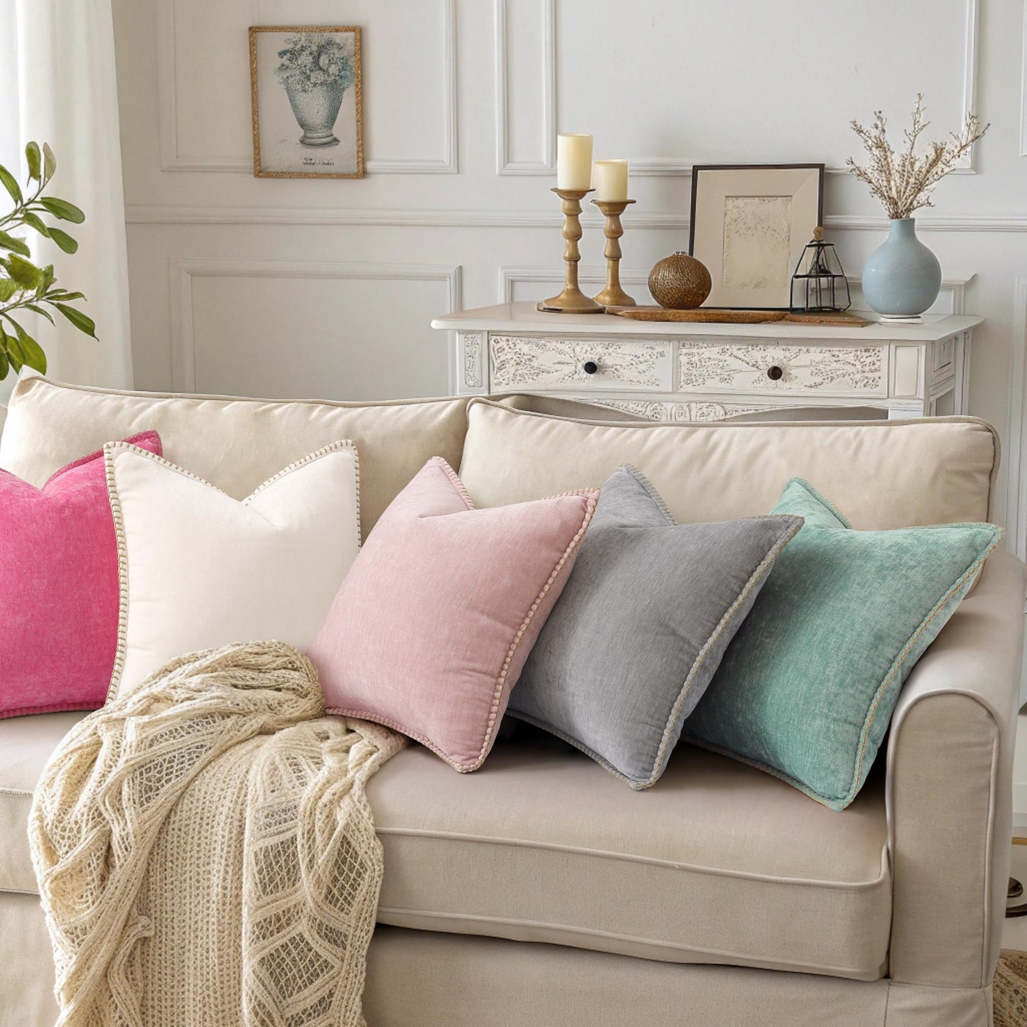 decorUhome Chenille Soft Cozy Throw Pillow Covers 18x18 Set of 2, Modern Farmhouse Boho Velvet Decorative Pillow Cases with Stitched Edge for Couch Sofa Bed Home Decor, Neutral Gray