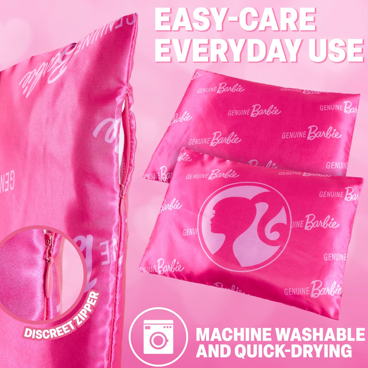 Get Trend Barbie Silky Satin Pillowcase 19x26in, Officially Licensed Smooth Soft Glossy Zipped Pillow Covers for Hair and Skin Beauty, Gifts for Girls, Teens (Pink Barbie)