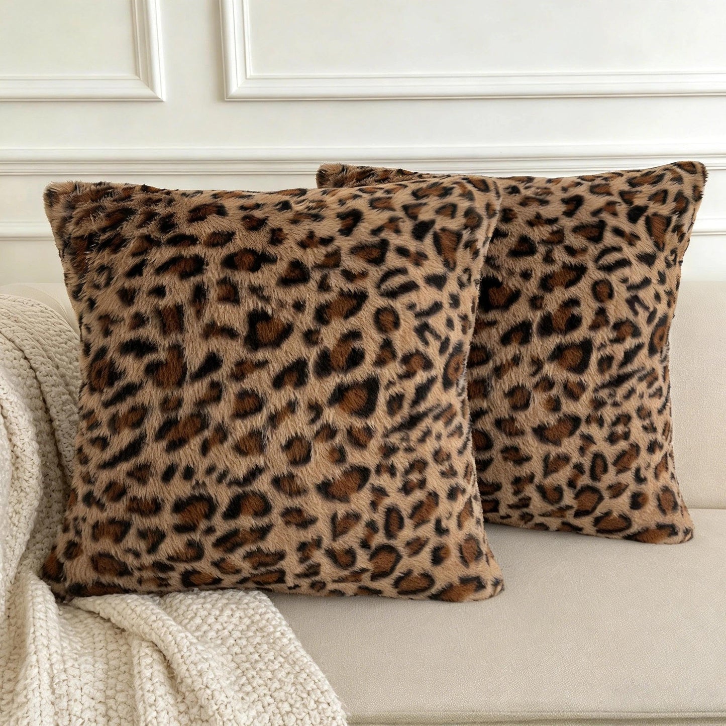 Waiyear Cheetah Print Throw Pillow Covers Faux Fur Leopard Pillow Covers 18x18 Soft Fluffy Cushion Cases for Couch Sofa Bedroom Living Room Decor, Brown Set of 2