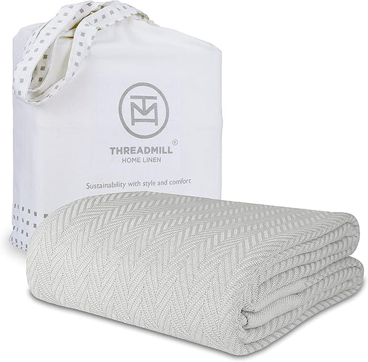 Threadmill Luxury Cotton Blankets for Queen Size Bed | All-Season 100% Cotton Queen Size Blanket | Herringbone Cozy, Soft Breathable Fall Thermal Blanket fits Full Size Bed | Light Grey