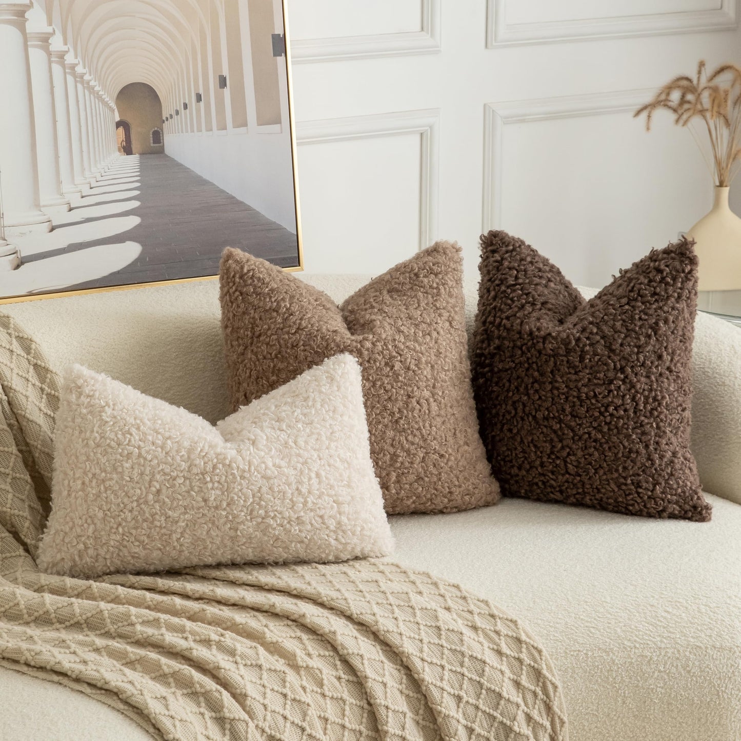 Joyouth Pack of 2 Curly Teddy Wool Faux Fur Throw Pillow Covers Fuzzy Accent Soft Sherpa Pillowcases Sheepskin Fleece Decorative Cushion Case for Sofa Couch Living Room 16x16 Inch Neutral Light Beige