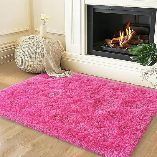 Small Rugs for Bedroom, Fuzzy Throw Rug for Living Room Dorm, Soft Fluffy Bedroom Rug, Non Slip Shag Rugs, Modern Indoor Home Decor Aesthetic, 2x3 Feet, Hot Pink