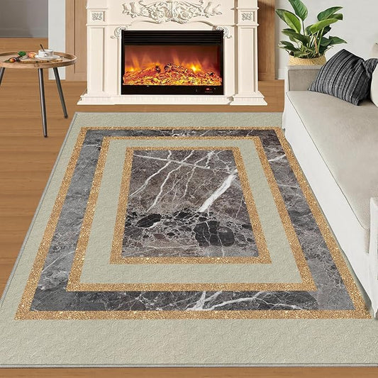 Light Luxury Marble Area Rugs Gilded Stripe Geometry Area Carpet Abstract Marble Texture Rug Stone Crack Carpet for Living Room Study Bedroom 7x9ft