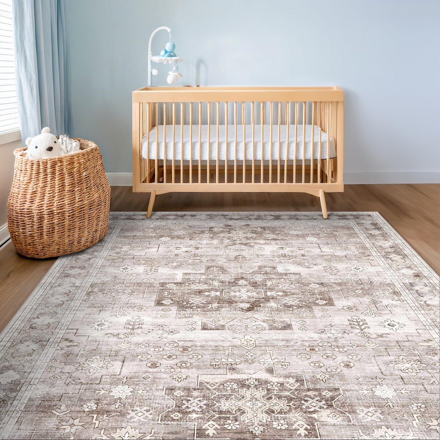 Hazo Haus Washable Neutral Farmhouse Living Room Rug, 5x7 Area Rugs for Bedroom, Nursery Room, Boho Vintage Floral Non-Slip Rug Low Pile Stain Resistant (5x7 Beige/Latte)