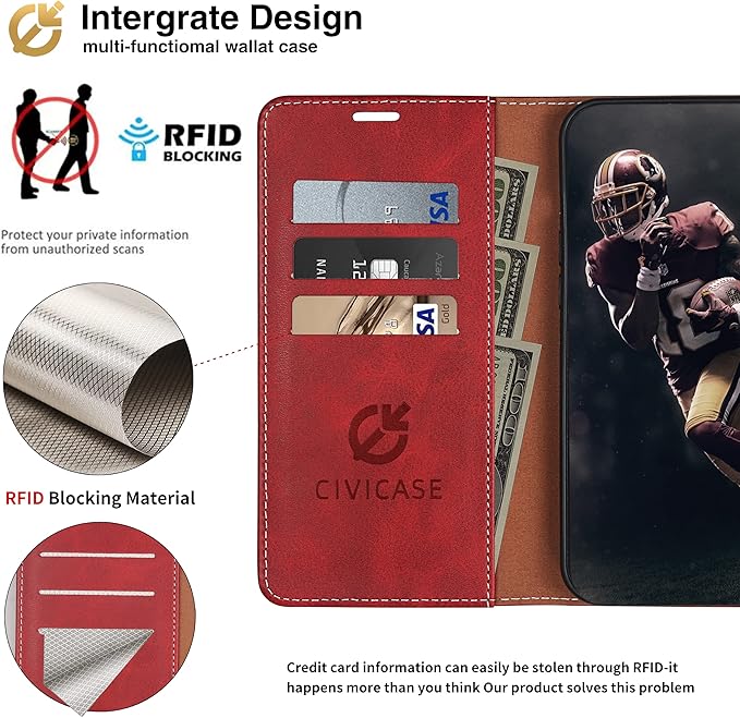 CIVICASE for iPhone 17 Pro Max Wallet Case,PU Leather Flip Case RFID Blocking Credit Card Holder Folio Magnetic Stand TPU Shockproof Cover Compatible with iPhone 17 Pro Max, Red Brown