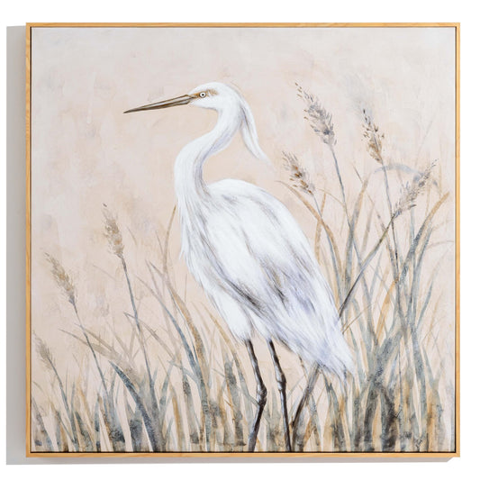 Eonzeun Framed Textured Canvas Wall Art, 24x24 Inch Coastal Wabi-Sabi Neutral Tone Egret Painting for Living Room, Dining Room, Office