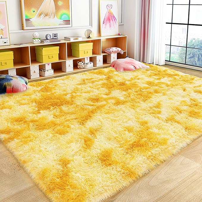 Large 9x12 Area Rug for Living Room, Soft Shag Thick Fluffy Plush Fuzzy Carpet for Bedroom, Non Slip Dorm Rug for Home Decor Aesthetic, Tie-Dyed Yellow
