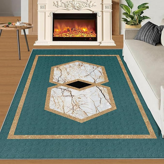 Jadeite Marble Area Rug Abstract Marble Texture Area Rugs for Living Room Light Luxury Stone Crack Carpet Gold Geometric Stripes Outdoor Carpet for Bedroom Living Room 6x8ft